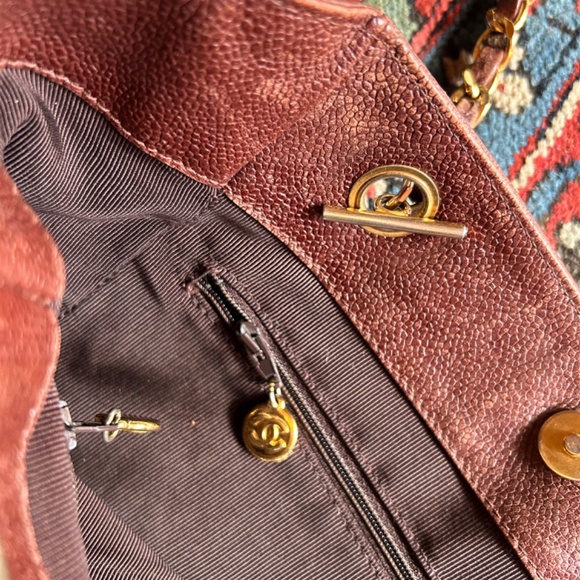 Vintage Chanel Chain Handle Caviar Brown Logo Bag Tote - Picture 7 of 16